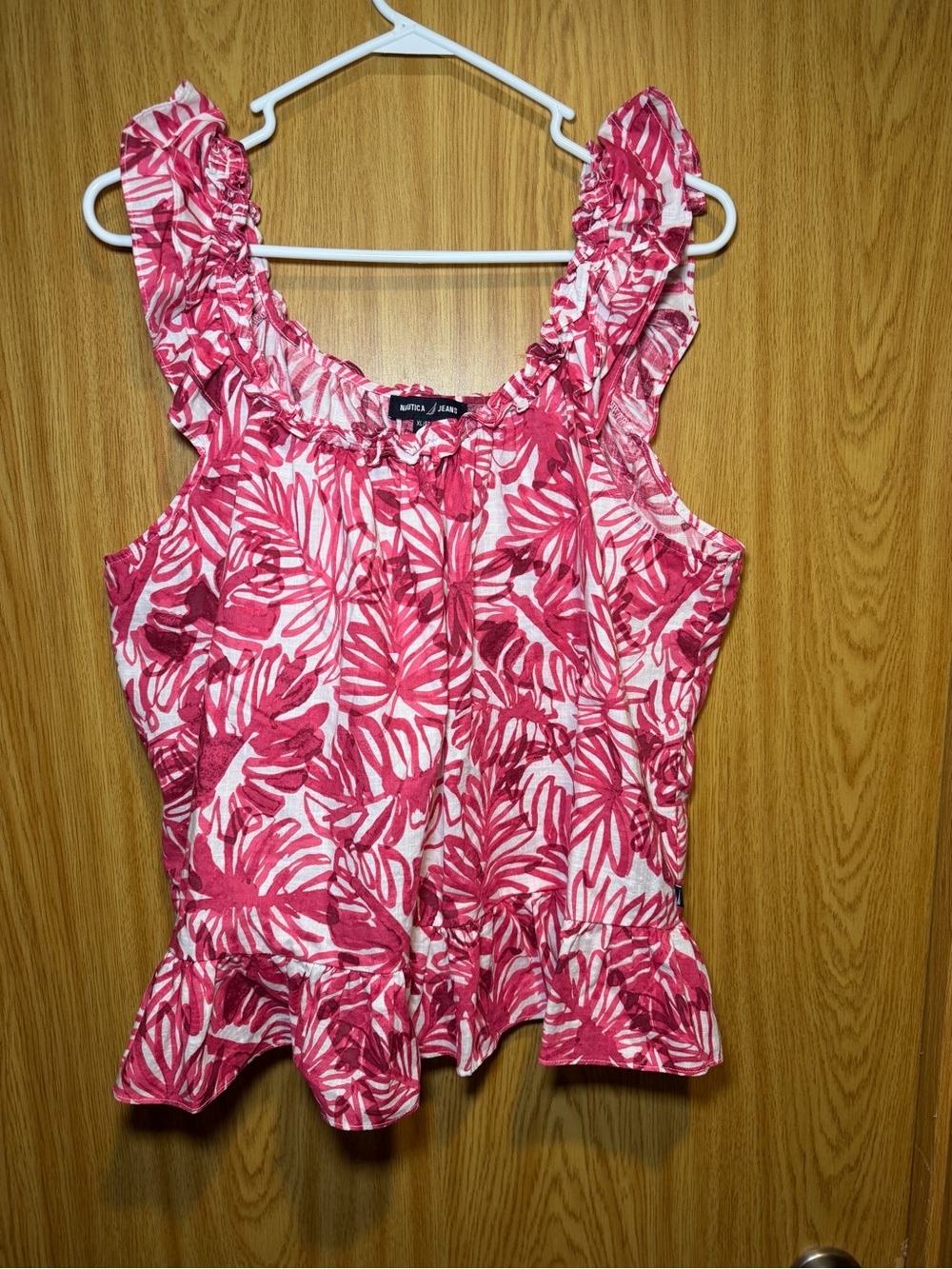 Nautica Jeans XL Cotton Floral Ruffle Sleeveless Top, Pink & White Tropical